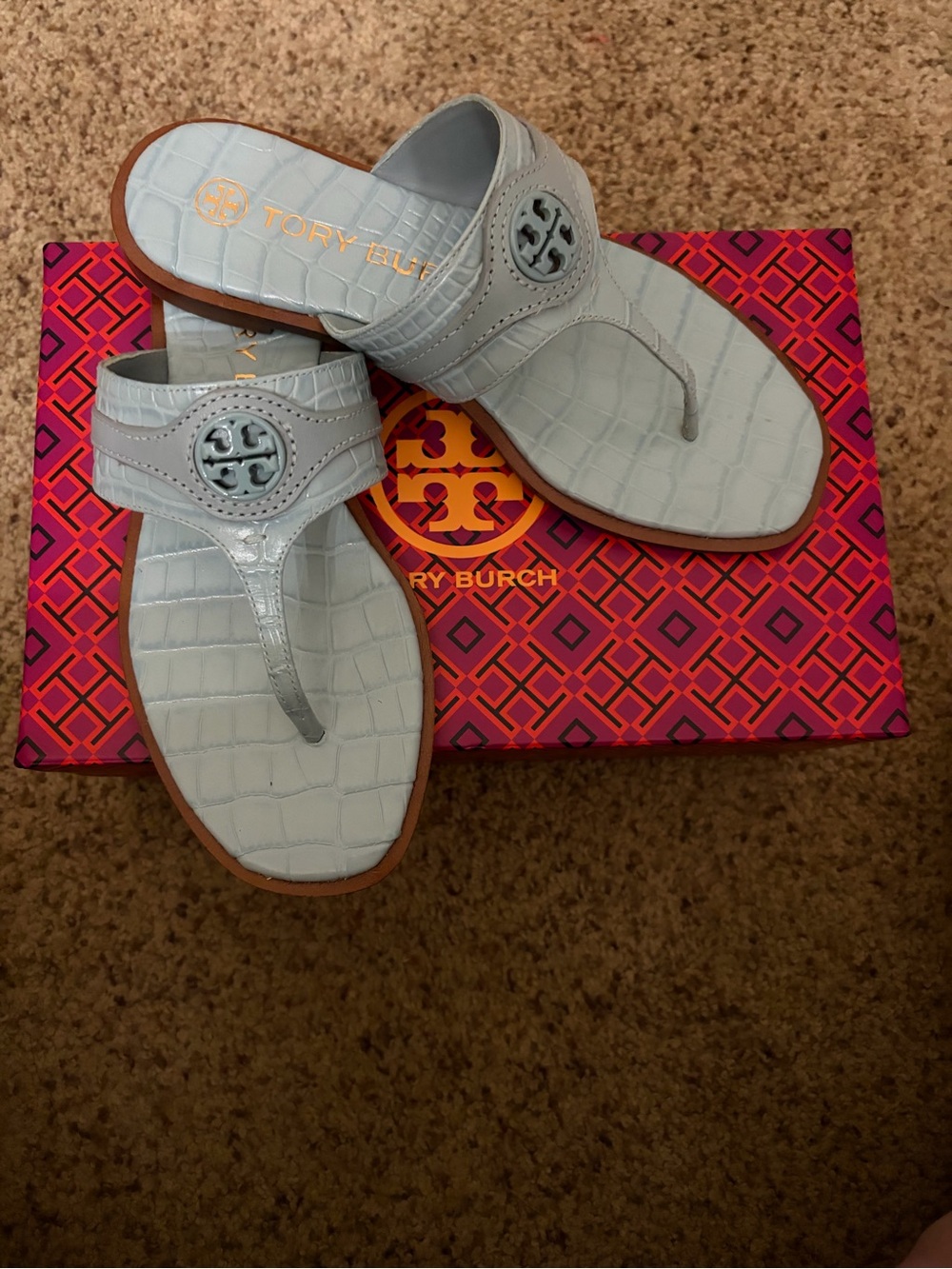 Tory Burch Pale Blue Croc-Embossed Thong Sandals